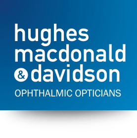 Hughes MacDonald & Davidson ophthalmic opticians logo on blue background