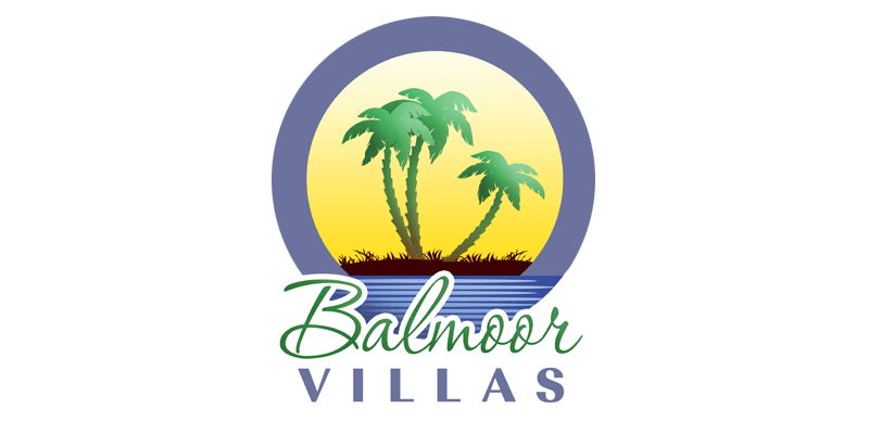 Balmoor Villas logo with palm trees, sun, and ocean in green, yellow, and blue