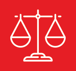 White outline of scales of justice on a red background.
