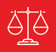 White outline of scales of justice on a red background.