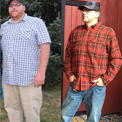 A before and after picture of a man in a plaid shirt showing his weight loss