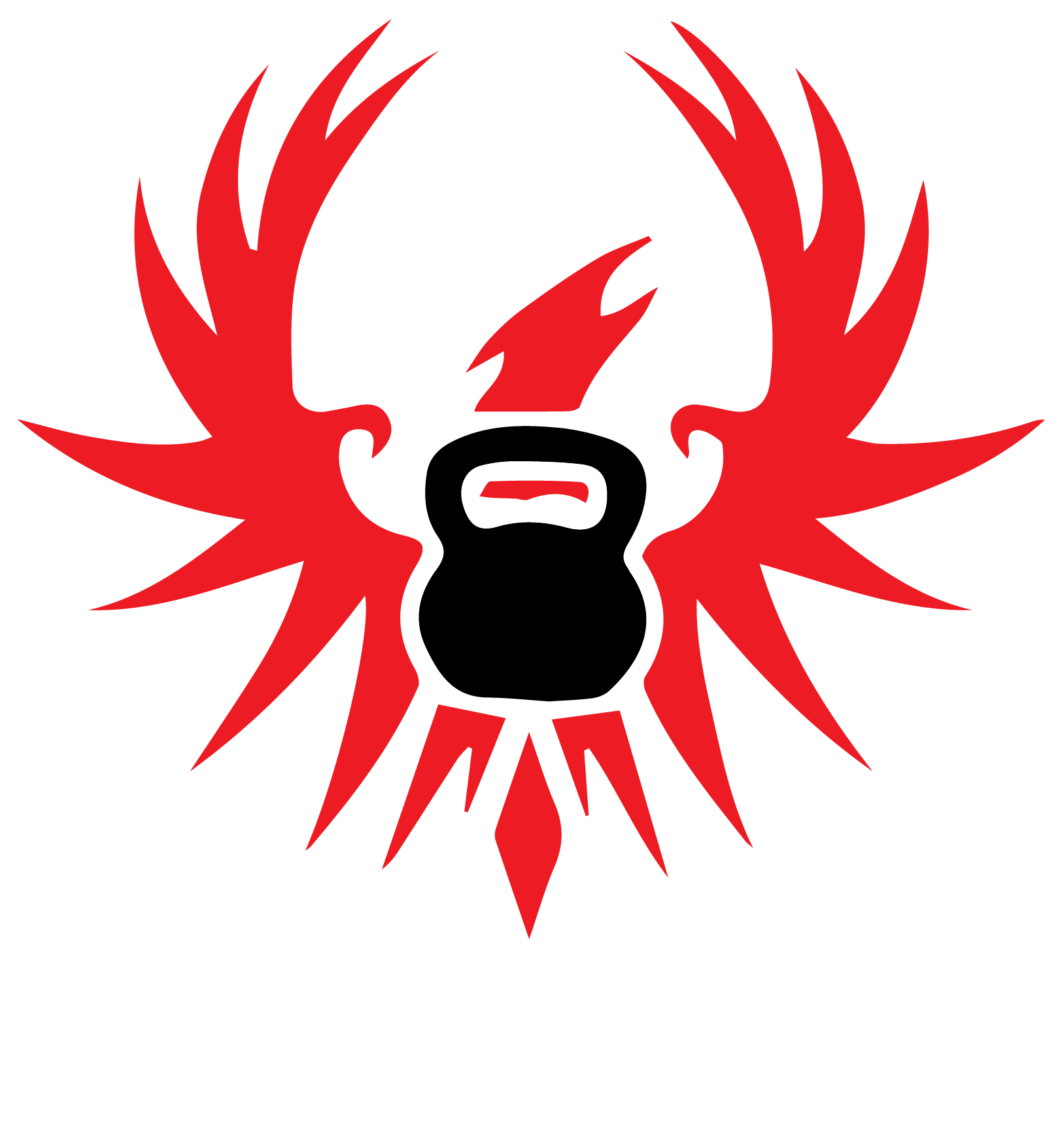 Inferno Studio's Logo: A black kettlebell is surrounded by red wings on a white background