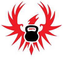 Inferno Studio's Logo: A black kettlebell is surrounded by red wings on a white background