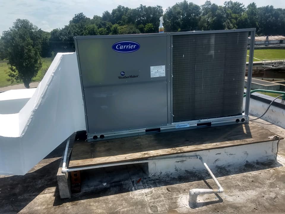 Carrier air conditioning unit on a rooftop, gray metal with blue logo, against trees and sky.