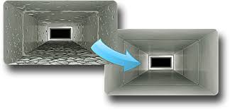 Air duct cleaning comparison: before and after. Left side dirty, right side clean, blue arrow indicates the transformation.