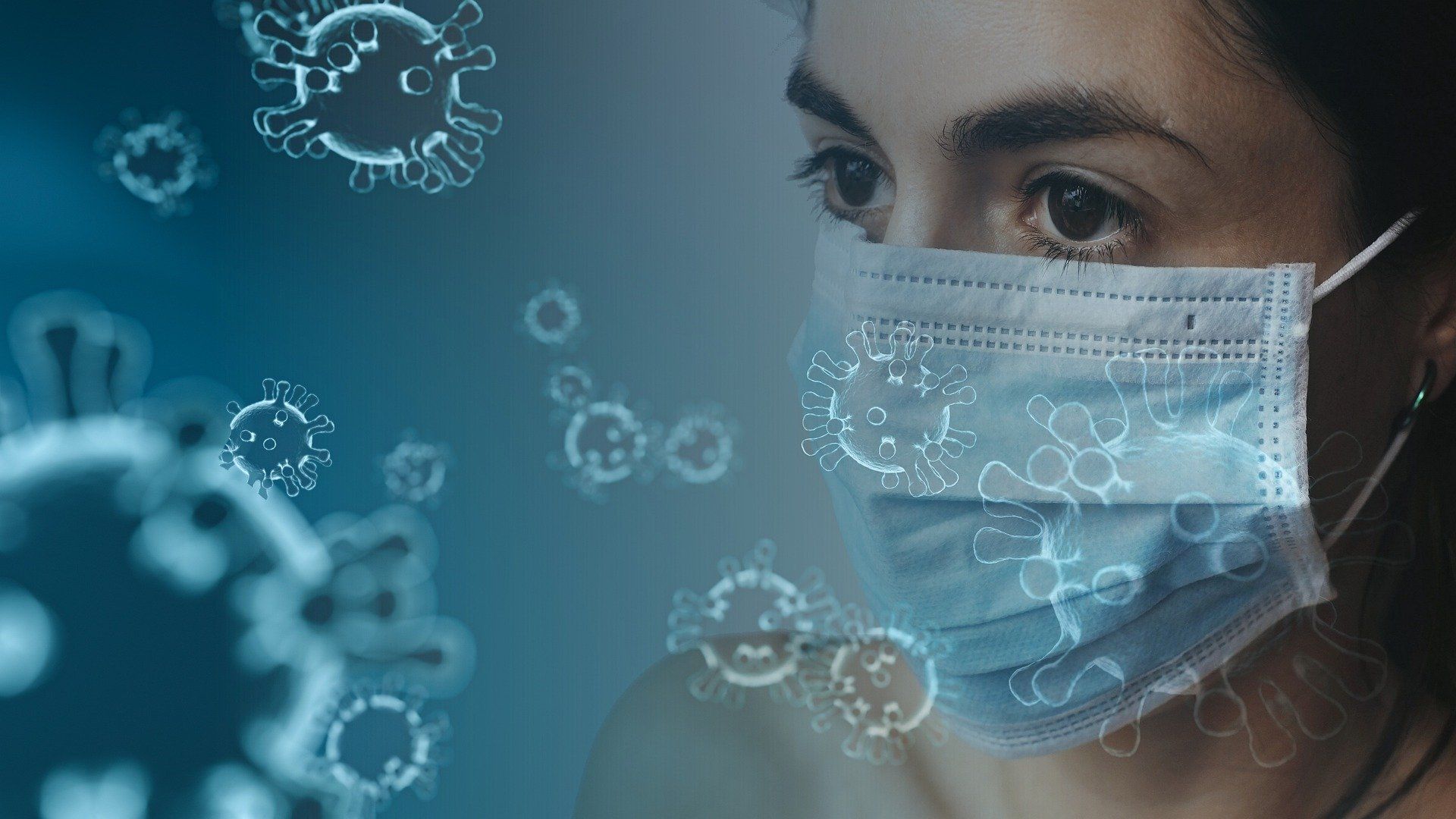 woman in mask with virus particles in the air around her