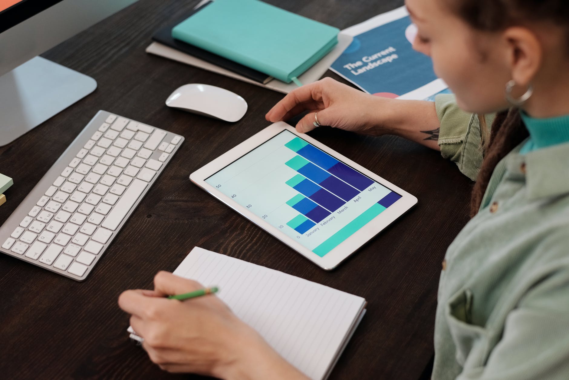 Woman at desk with tablet displaying bar graphs, keyboard, notebook, and mouse.