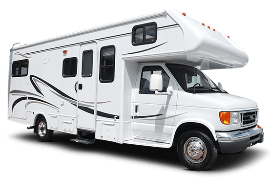 White recreational vehicle with a raised cab, side windows, and decorative black stripes.
