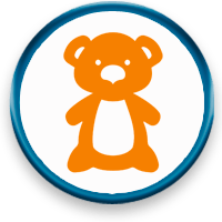 An orange teddy bear in a blue circle on a white background