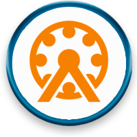 An orange ferris wheel in a blue circle