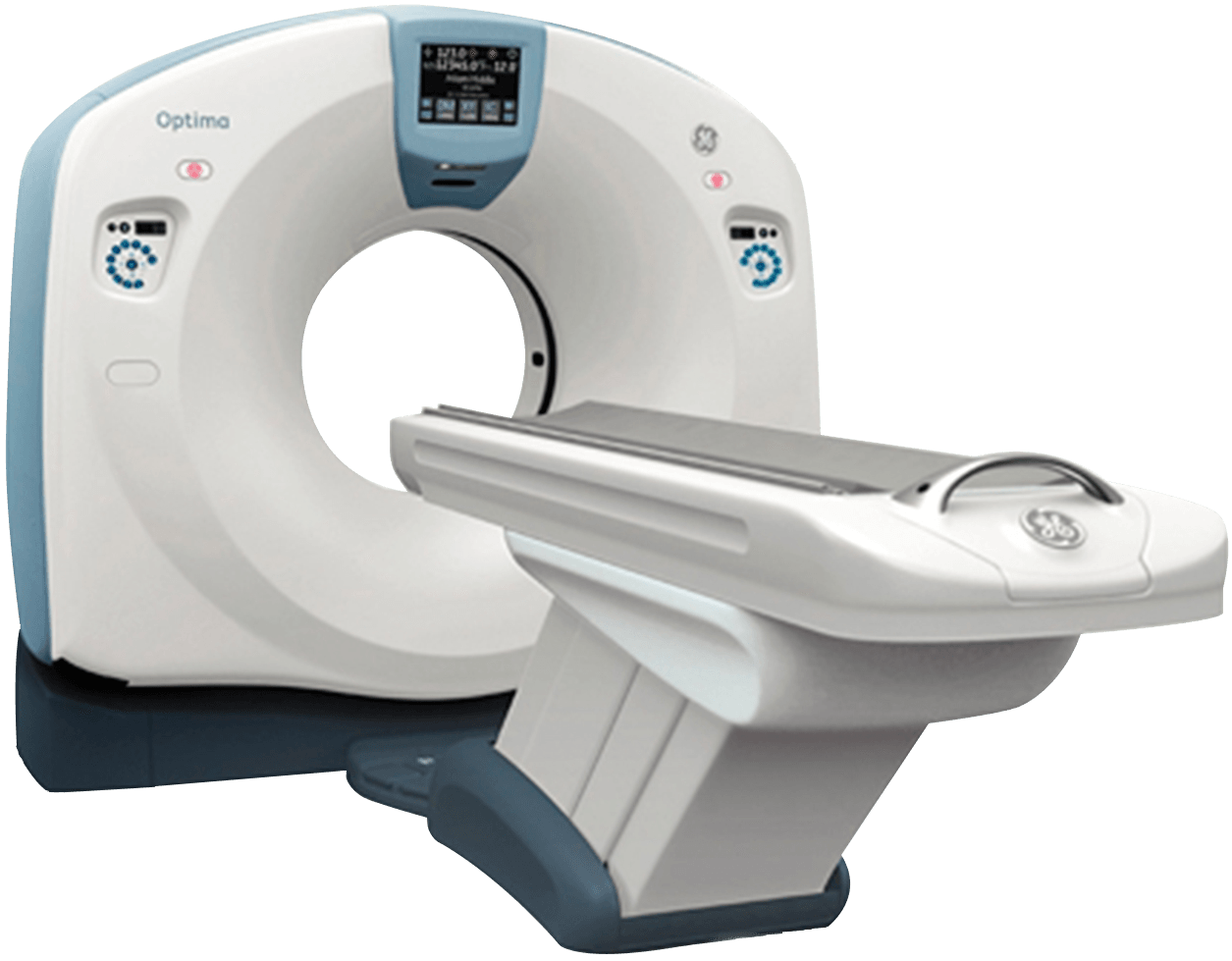 CT scanner machine with white body, blue accents, and a patient table in a medical setting