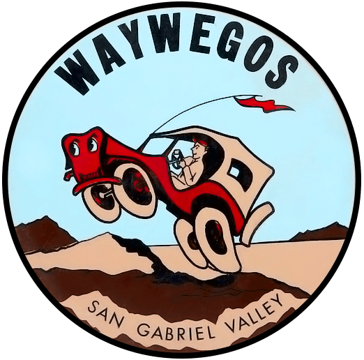 Waywegos San Gabriel Valley cartoon logo: red car with driver jumps over brown terrain. Blue sky background.