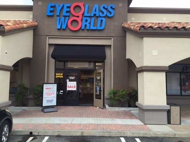 EyeGlass World store entrance. Signage: 