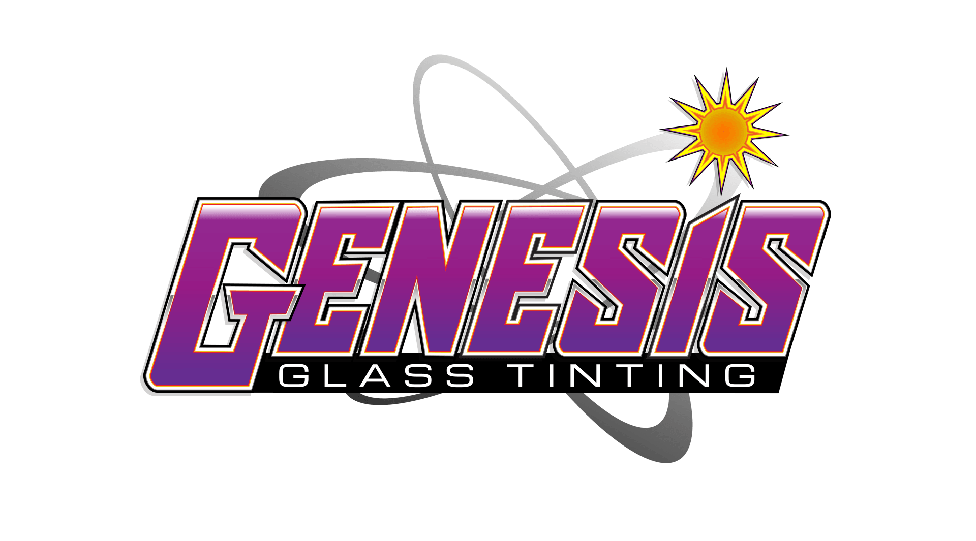 Genesis Glass Tinting logo with purple text and sun graphic.