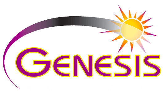 Genesis logo with sunburst, stylized arc, and orange-purple text.