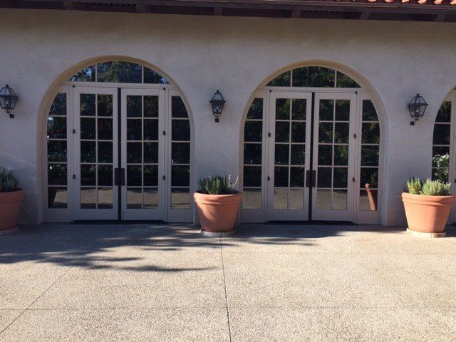 Exterior view of arched double doors with glass panels, potted plants, and wall-mounted lights.