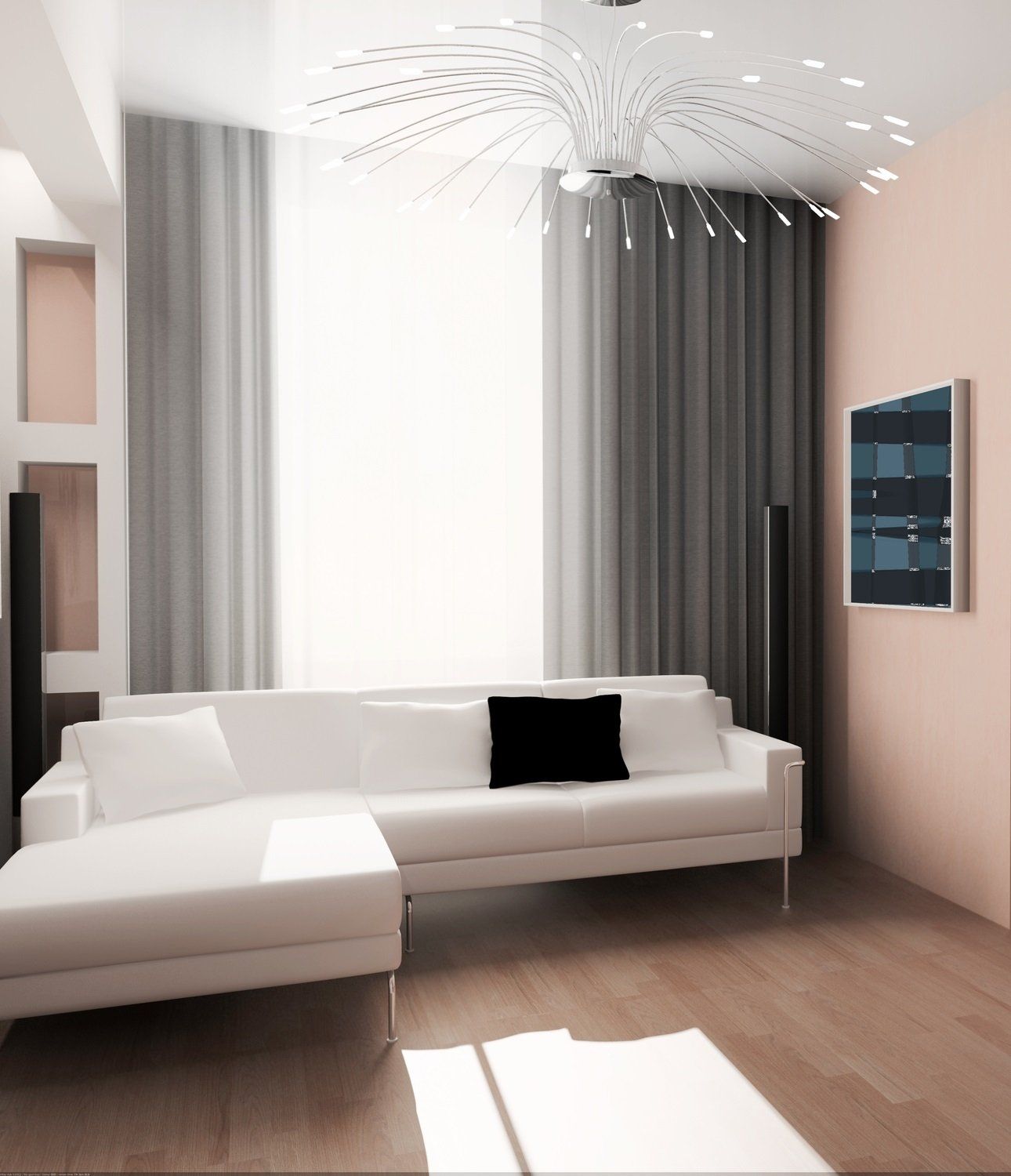 Loungeroom with soft grey curtains open, white couch in foreground with black cushion. White framed blue and black artwork on pink wall, framed by led light chandelier.