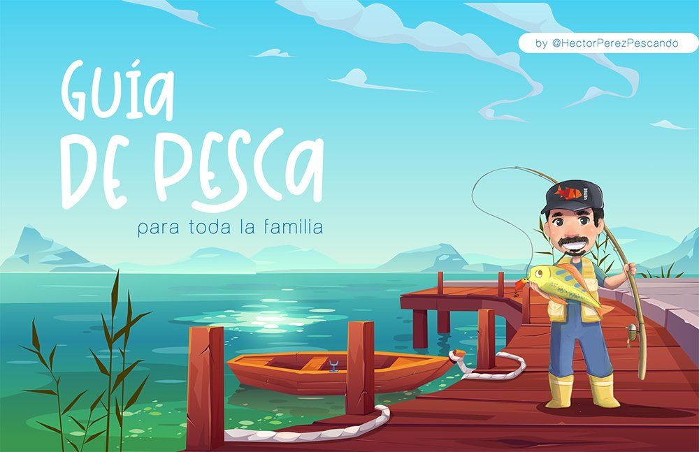 Guía de pesca: ilustración de un pescador junto a un muelle con lago y bote al atardecer.