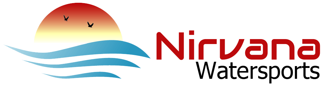 Logotipo de Nirvana Watersports con una puesta de sol, olas y dos pájaros.