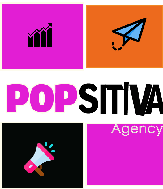 Logotipo de la agencia PopSitiva con cuadrados magenta y naranja, gráfico, avión de papel, iconos de megáfono y texto en negrita.