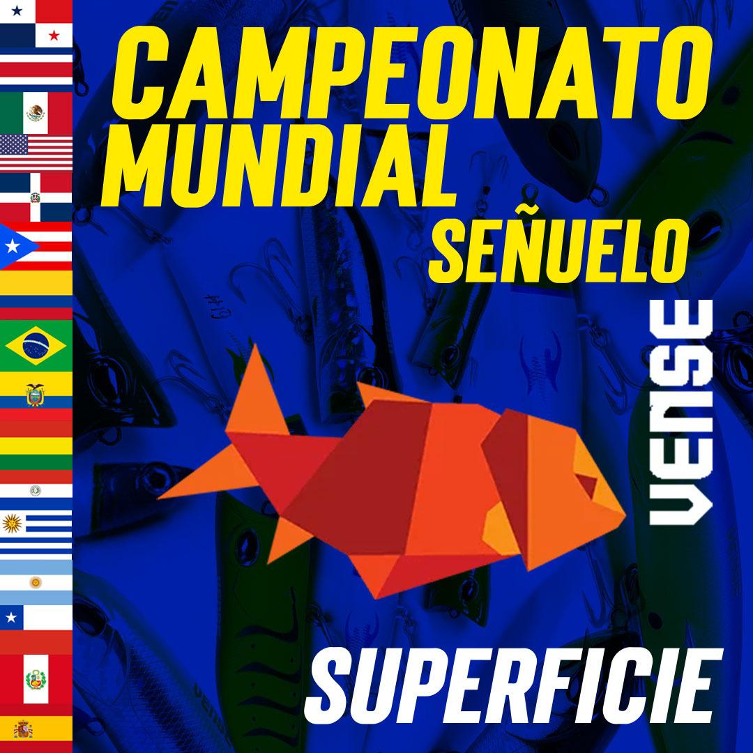 Cartel azul y amarillo de “Campeonato Mundial”, con pez naranja y texto “Sueñelo”, “Vense” y “Superficie”