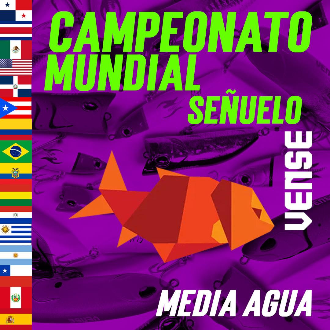 Cartel morado del Campeonato Mundial de Pesca: señuelo naranja y texto “Media Agua Vence”