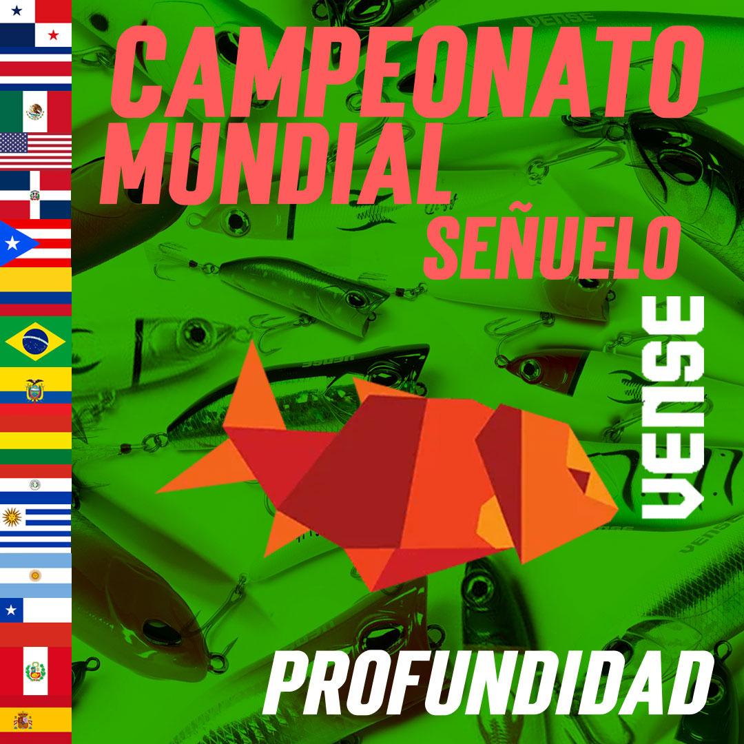 Cartel verde con pez geométrico naranja y textos “Campeonato mundial”, “señuelo”, “vénse” y “profundidad”