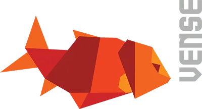 Logotipo geométrico de un zorro naranja y rojo con la palabra “VENSE” en vertical a la derecha.