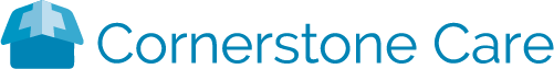 A blue logo for cornerstone care with a mountain in the background.