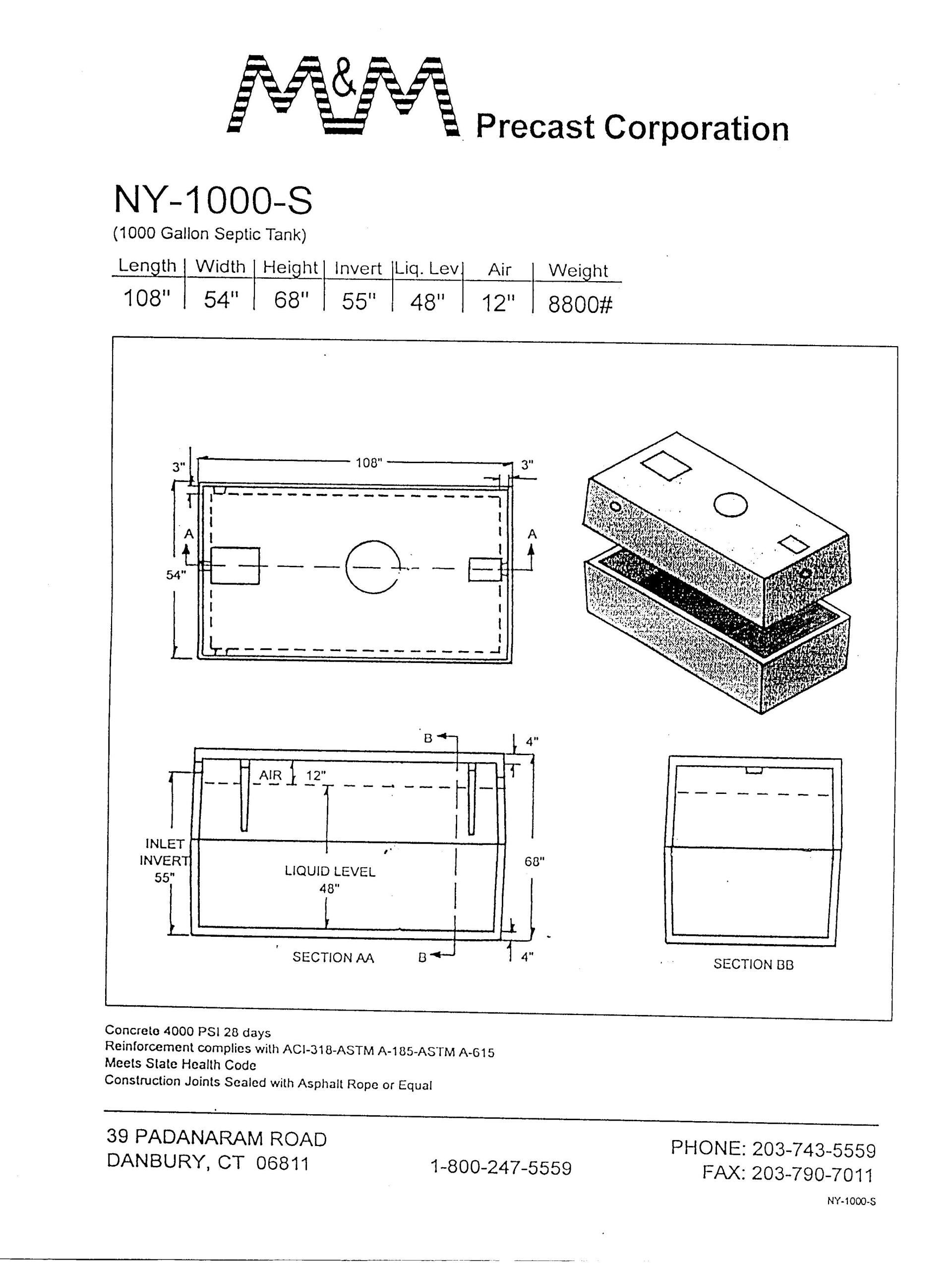1001 Gallon Septic Tank — Danbury, CT — M & M Precast Corp.