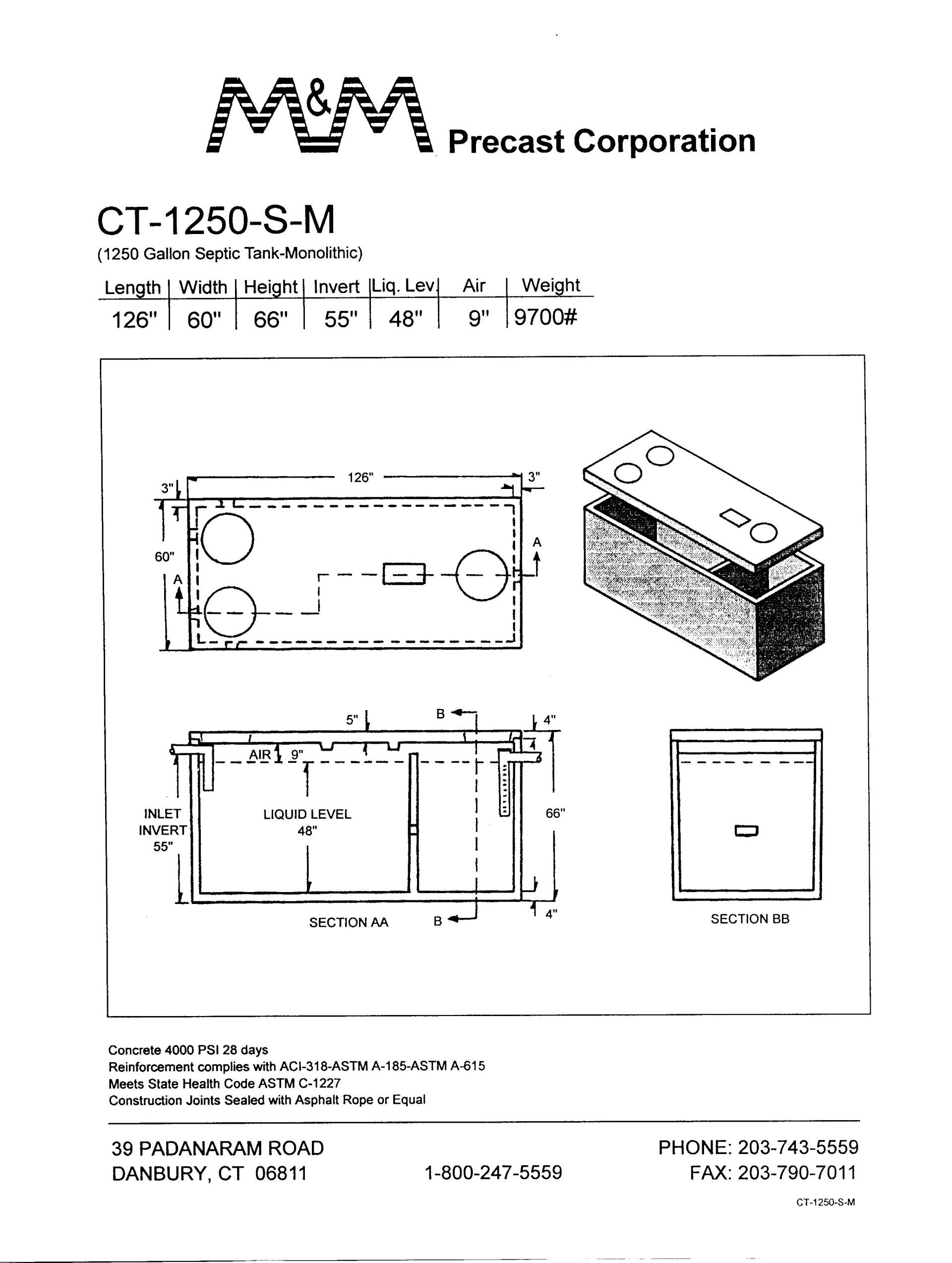 1252 Gallon Septic Tank — Danbury, CT — M & M Precast Corp.