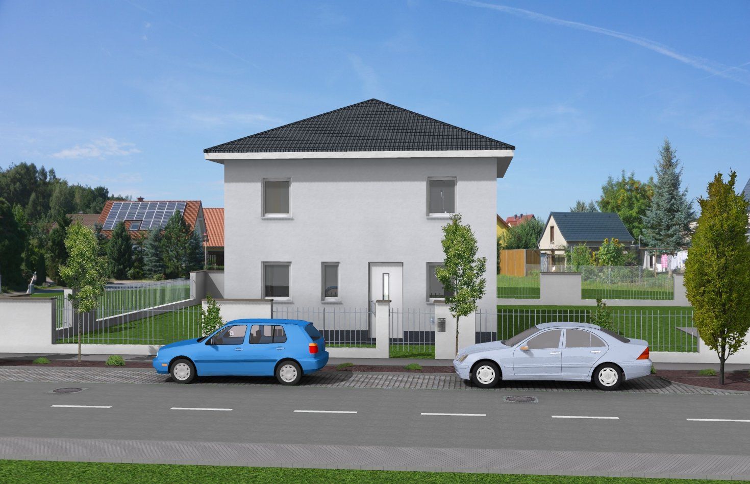 Ein Vorstadthaus mit einem blauen und einem weißen Auto, die unter klarem Himmel auf der Straße parken