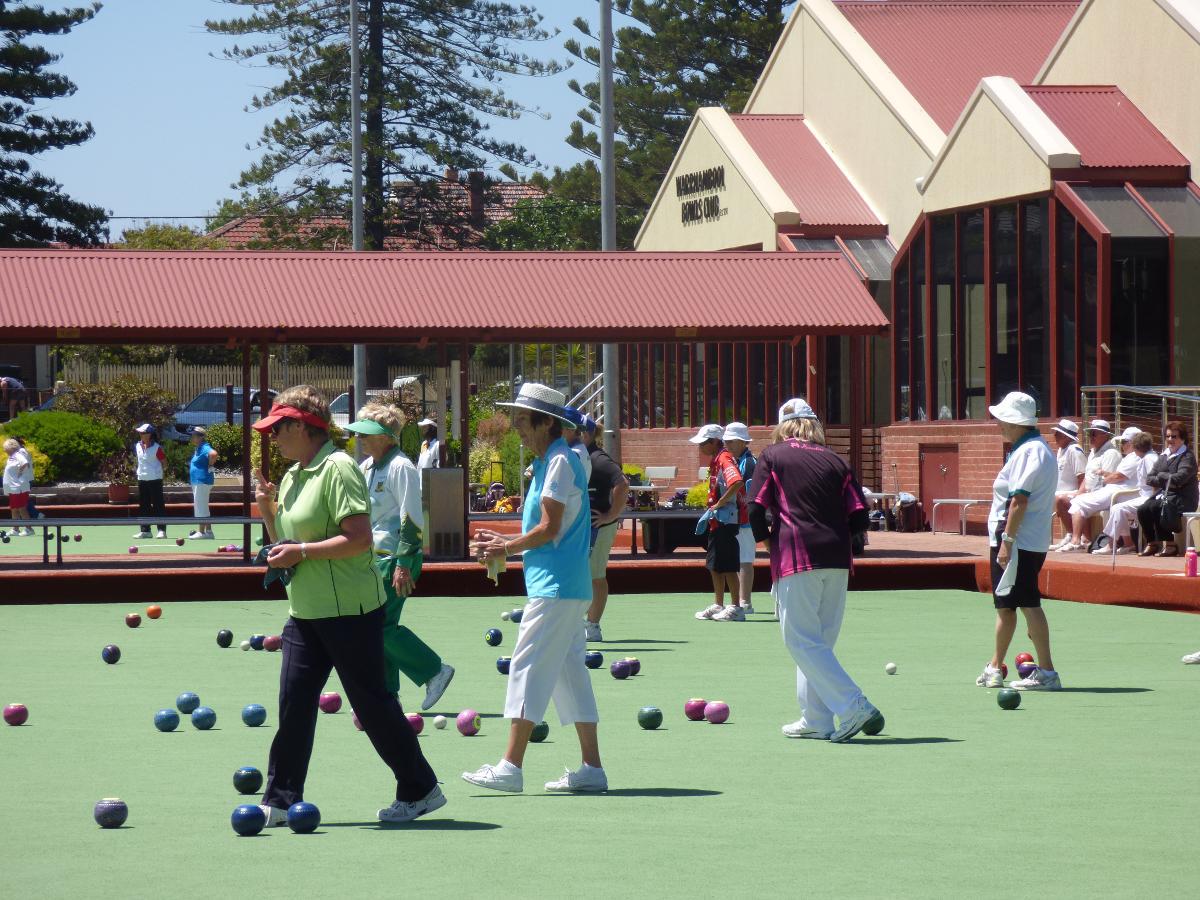 Bowlers on the greens outside Warrnambool Bowls Club