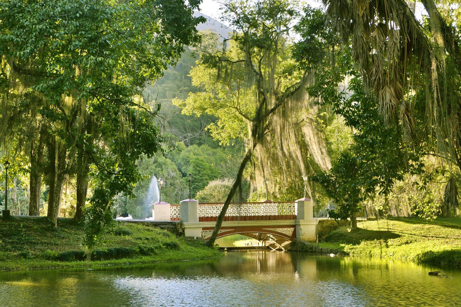 Cena de parque: ponte sobre um lago, árvores, fonte ao fundo, dia ensolarado.