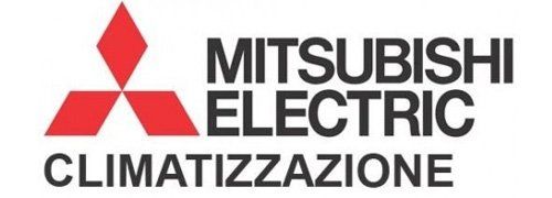 Logo Mitsubishi Electric CLIMATIZZAZIONE. Logo triangolare rosso con testo nero.