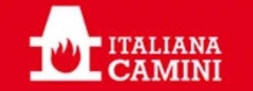 Logo con camino bianco e fiamme su sfondo rosso. Testo: ITALIANA CAMINI.