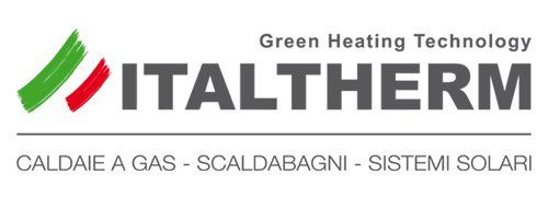 Logo di ITALTHERM, Green Heating Technology, con grafica verde e rossa, testo in italiano.