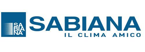 Logo per Sabiana, quadrato blu con griglia di linee e scritta