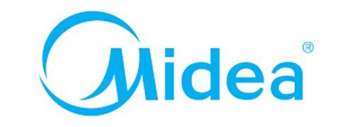 Logo Midea in azzurro. Un arco e un cerchio stilizzati formano un disegno sopra la parola