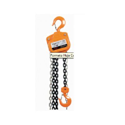 Polipasto de cadena naranja con cadenas y ganchos colgantes.