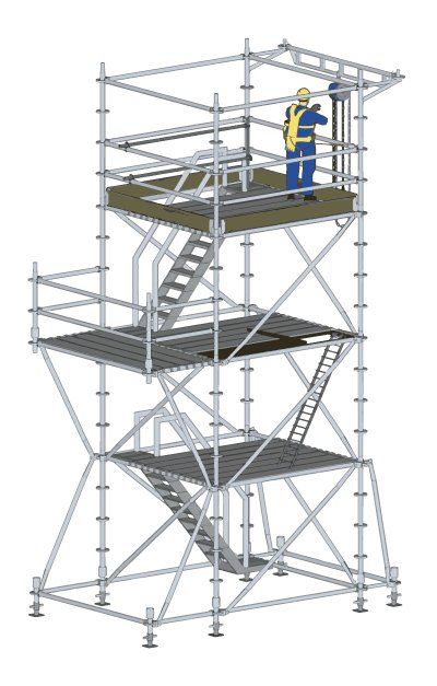 Trabajador de la construcción en un andamio de varios niveles con un arnés de seguridad.