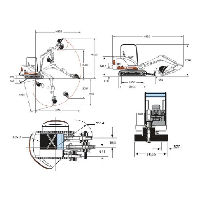 Diagrama de una excavadora compacta con dimensiones mostradas desde múltiples perspectivas.
