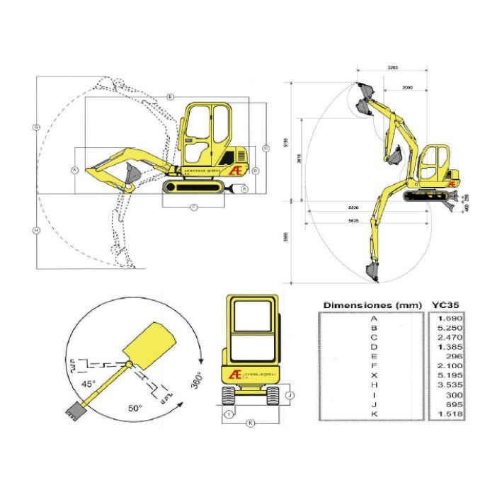 Esquema de una miniexcavadora amarilla con dimensiones y diagrama, vista desde múltiples ángulos.