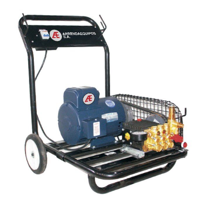 Hidrolavadora con motor azul, estructura metálica y ruedas.