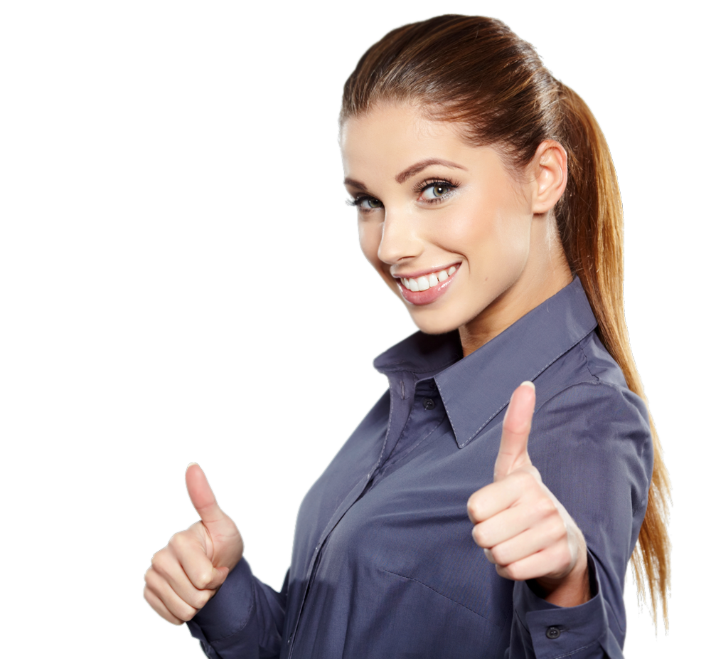 Woman in blue button-up gives a thumbs-up with both hands, smiling at the camera.