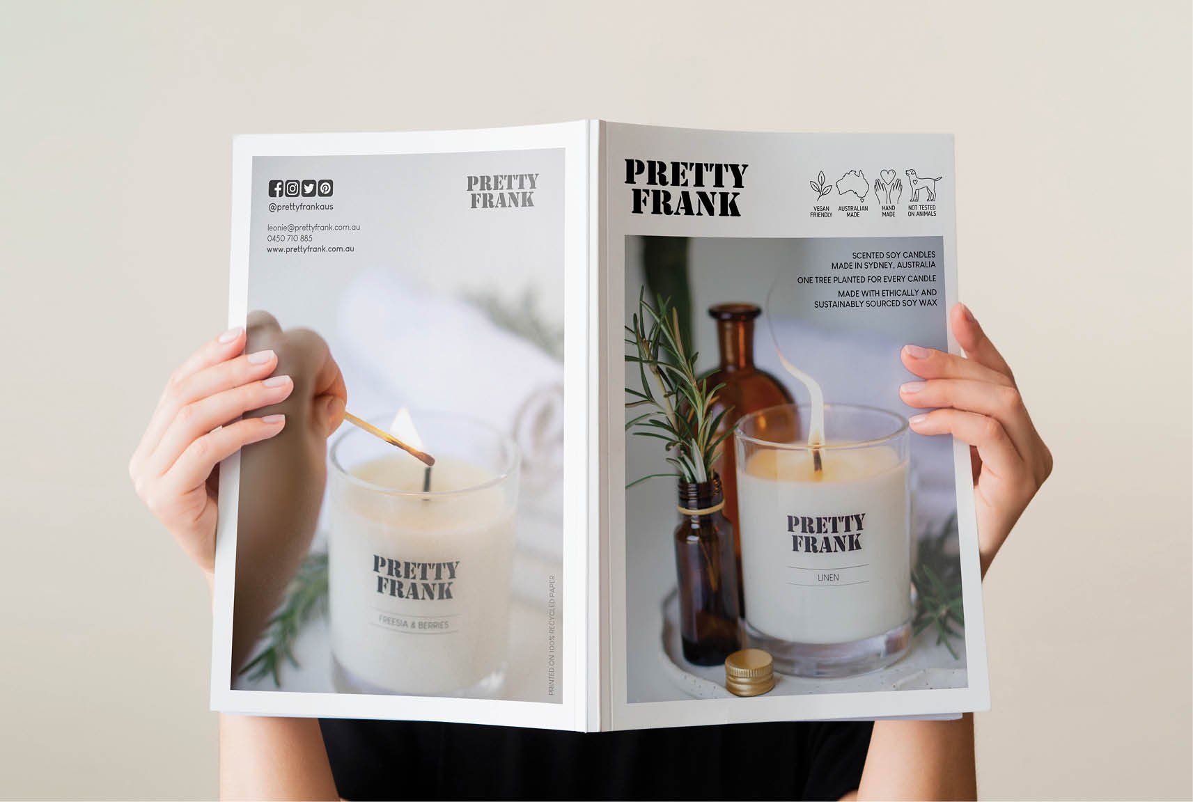 Sydney graphic design business, small business  design, pretty frank, pretty frank candle brochure, a4 document design