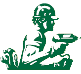 Green silhouette of a person wearing a hard hat, holding a drill and wrench.