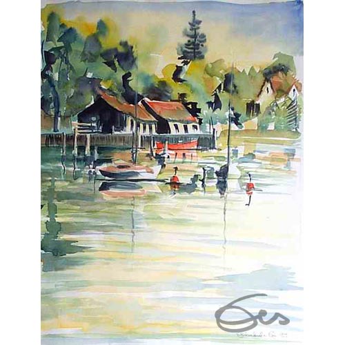 Aquarell Ammersee Herrsching Bootshäuser Blick auf Ufer Natur