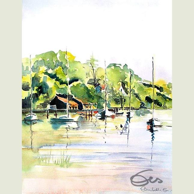 Aquarell Ammersee Herrsching Bootshäuser Blick auf Ufer Natur