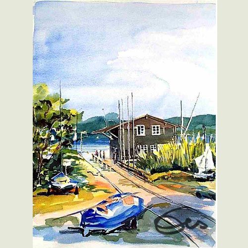 Aquarell Ammersee Utting Beibootshaus Blick auf Wasser Steg Schilf Natur